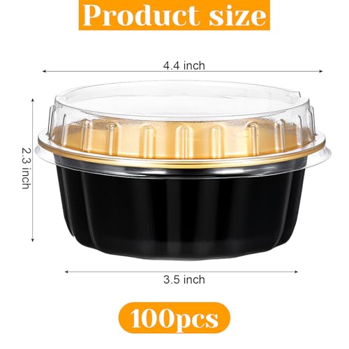 100 Pcs 8 oz Disposable Ramekins with Lids Creme Brulee Ramekins Aluminum Foil Baking Cups for Cupcakes, Cheesecake, Catering, Wedding, Party (Black, Gold)