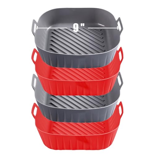 Golden Associate Silicone Liners Square for Air Fryer, 4 Pcs Non-stick Food-grade Reusable Basket Silicone Pot Baking Tray Airfryer Accessories, Top Size 9 inches, Bottom Size 8 inches - size: 9'' square*4
