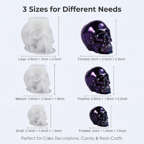 3 Sizes 3D Skull Silicone Molds, Resin Candle Molds for Halloween - color: skull mold-3PCS