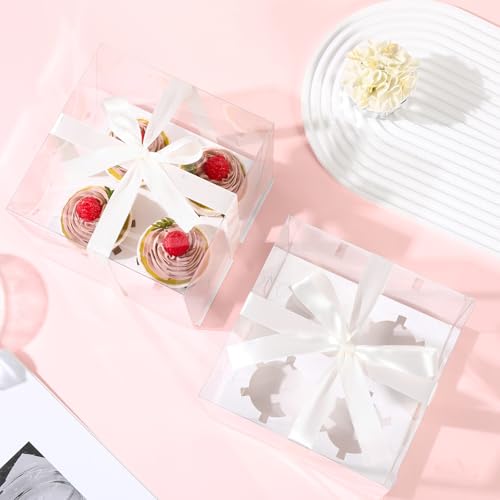 JCD 4Pack Clear Cupcake Boxes, 4 Count Cupcake Containers with Gift Ribbon,5.3inches height Plastic Cupcake Carrier Holder for Treat Dessert Cookies Muffins Pastry Baby Shower Party(4count/4pcs) - size: 4count/4pcs