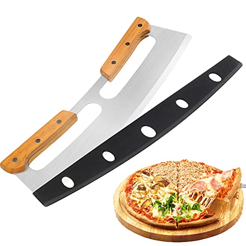 Pizza Cutter Rocker with Wooden Handles & Protective Cover by ZOCY, 14" Sharp Stainless Steel Pizza Slicer Wheel, Big Pizza Knife Cutters for Kitchen Tool (14inch) - size: 14inch