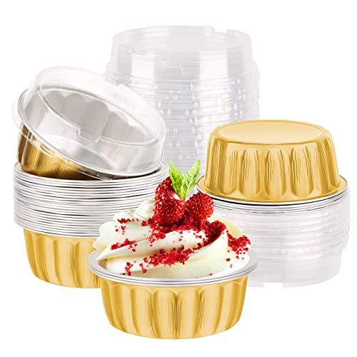 EUSOAR Cupcake Liners for Baking, Gold 30 Pack 8oz Disposable Aluminium Creme Brulee Ramekins Cupcake Liners, Foil Desert Cake Pans Flan Molds Tin Foil Cups Containers with Lids for Baking - color: Gold, size: 30pcs, 8oz