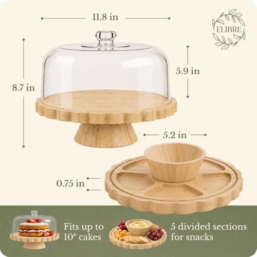 ELIBRE Wooden Cake Plate & Serving Platter with Clear Acrylic Dome Lid