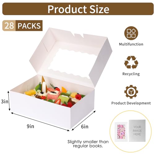 Moretoes 28pcs Cookie Boxes with Window, 9x6x3in Auto-Popup Bakery Boxes - color: White