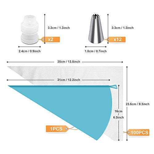 Tamodan Piping Bags and Tips, Cake Piping Bags and Tips Suitable for Beginners Included 100PCS 16 Inch Disposable Piping Bags with 12 Piping Tips Set, 2 Coupler and 1 Reusable Pastry Bags - color: 12 inch