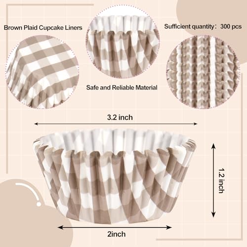 Whaline 300 Pcs Brown Plaid Cupcake Liner Khaki Plaid Paper Baking Cups Gingham Checkered Muffin Liner Cake Storage Container for Fall Baby Bridal Shower Wedding Birthday Party Supplies - color: Brown