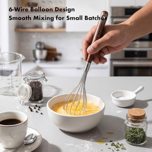OYV Mini Whisk 10 Inch, 304 Stainless Steel Small Whisk with Walnut Handle - color: Walnut Brown