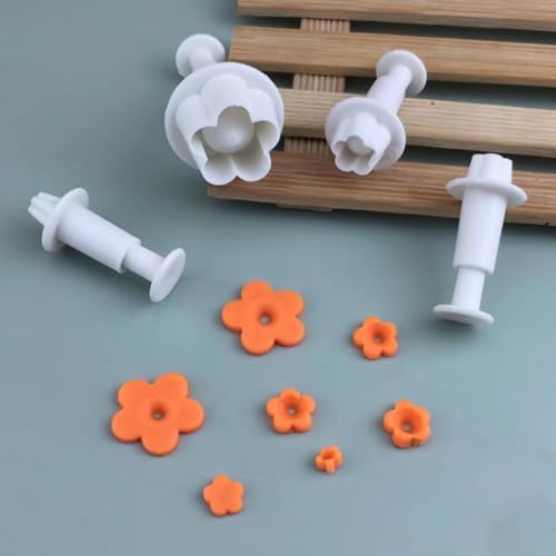 4Pcs White Flower Plunger Cookie Cutters, Plastic Blossom Cake Fondant Mold, DIY Baking Decorating Tools for Dessert and Candy Sculpting