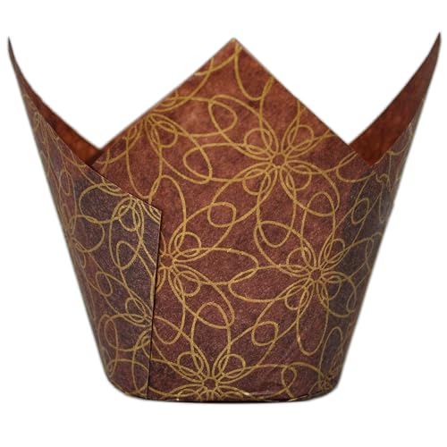 (JUMBO Large size) Brown Golden pattern Tulip Baking Cups 2-1/4"(Base diameter) x 3-3/4"(Wall height) Greaseproof paper Muffin liners, Case of 130 pcs - color: Golden pattern