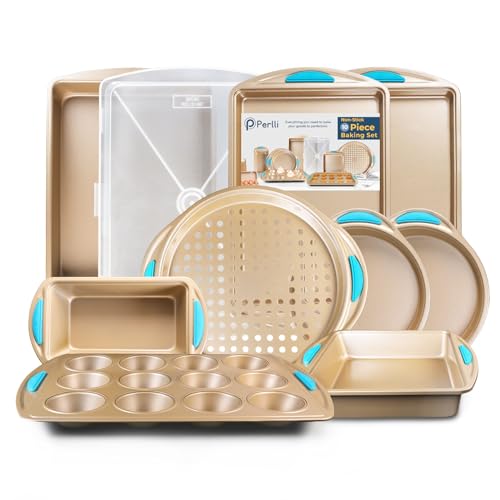 Perlli Baking Kit: Nonstick Gold Steel Oven Set - 10 Pieces, Cookie Sheets, Cake Pans, 9x13Pan with Lid, Loaf & Deep Pans, Pizza Crisper, Muffin Pan - Silicone Handles - color: Blue, size: 10 Piece