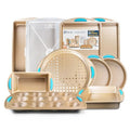 Perlli Baking Kit: Nonstick Gold Steel Oven Set - 10 Pieces, Cookie Sheets, Cake Pans, 9x13Pan with Lid, Loaf & Deep Pans, Pizza Crisper, Muffin Pan - Silicone Handles - color: Blue, size: 10 Piece