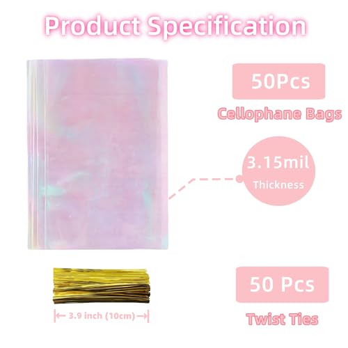 50 Pack Clear Iridescent Cellophane Treat Bags with Twist Ties - size: 10x15.9 inch