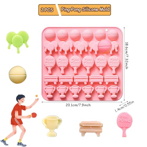 2PCS Ping Pong Chocolate Mold 28 Cavities Sport Theme Silicone Candy Molds Table Tennis Trophy Cup Ball Racket Shapes Baking Mould for Chocolate Fondant Jello Ice Cube Candle Sugar Craft Cupcake Decor - color: Pink 1