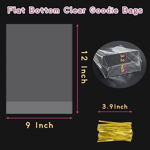 rebucas Cellophane Bags Flat Bottom Cookie Bags Cellophane Treat Bag with Twist Ties for Candy, Cookies, Popcorn, Gift Wrapping, 50 Pack 9x12 Inches, Clear - size: 9x12 inch (Pack of 50)