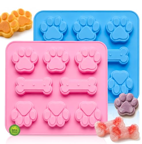 2 Pcs Dog Treat Molds Silicone with Puppy Dog Paw and Bone Shaped 2 in 1，Easy Release – Non-Stick Molds for Homemade Dog Treats, Pudding, Peanut Butter & Baking Biscuits - color: 2pc-Bone & Paw Shapes