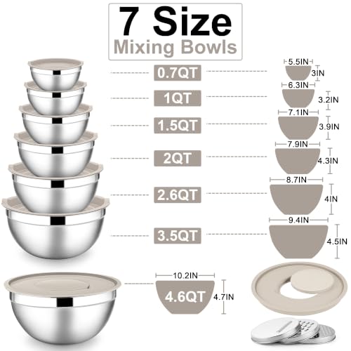 E-far Stainless Steel Mixing Bowls, 7PCS Mixing Bowls with Airtight Lids - color: Khaki, size: 7 Regular Sizes