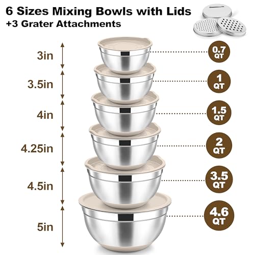 TeamFar Mixing Bowls, Stainless Steel Salad Bowl with Lid & Graters -Khaki - color: Khaki