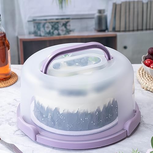10in Plastic Cake Carrier with Handle, Round Cake Holder with Lid Pink Cake Container for 6in/8in/10in Cake(purple) - color: Purple