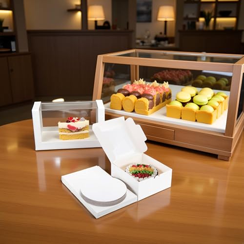20Pack 8x8x5 Cake Boxes with Window & Cake Boards (10 Boxes + 10 Boards), White Elegant Container for Cakes, Cookies, Wedding, Birthday, Fathers Day, One-Piece Assembly - size: 8x8x5 inch