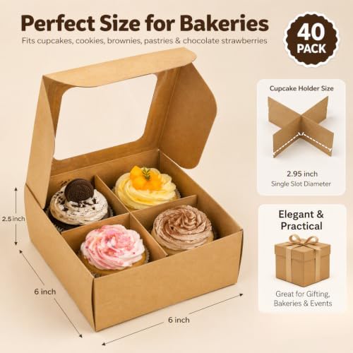 Eorbow 40 Pack Brown Bakery Boxes with Window and Dividers, 6 x 6 Inch Mini Pastry Boxes with 4 Compartments, Kraft Treats Gift Boxes with Inserts, Cupcake Packaging Containers for Pastries Biscuits