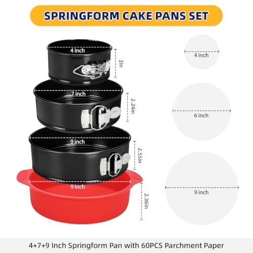 3PCS Springform Pan Set, 4, 7, 9 Inch Cheesecake Pans, Removable Bottom