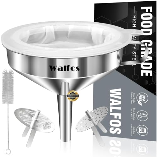 Stainless Steel Funnel, Walfos Kitchen Funnel with 2 Removable Strainer ＆ 1Pc Cleaning Brush, Perfect for Transferring of Liquid, Oils, Jam, Dry Ingredients & Powder (Big, 4.9") - color: 1pcs 4.9in Stainless Steel