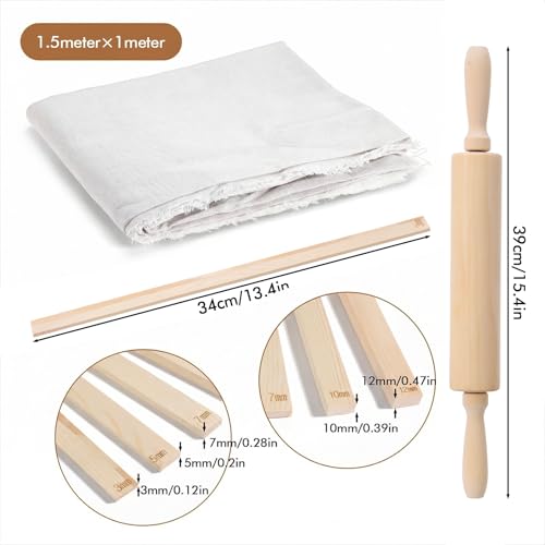 12 Pcs Pottery Tools Set with Clay Rolling Pin, Wooden Rolling Pin for Pottery Wheel, 10 Teaching Mud Stick Guides, Linen Tablecloth for Ceramic Craft, Portable Wedging Board Alternative