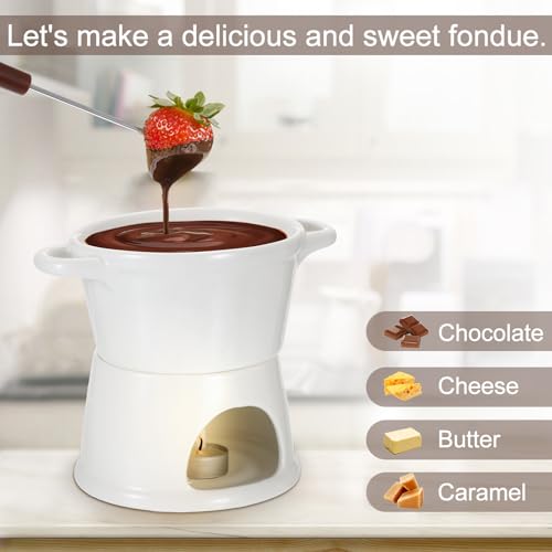 BSTKEY 300ML Ceramic Butter Warmer Set with 2 Forks, White Fondue Pot Melting Pot Set, Melt Hot Pot Bowl Set for Cheese Chocolate Butter Caramel - color: White