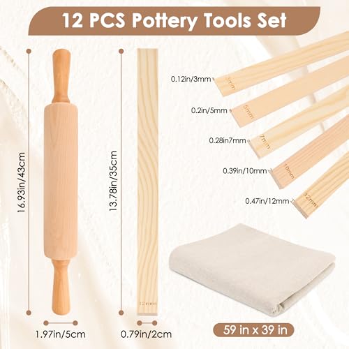 12P Pottery Tools-Slab Roller for Clay Pottery Ceramic Rolling Pin Guides