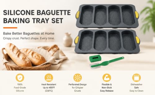 2 Pack Food Grade Silicone Baguette Bread Pan, 4‑Cavity Non‑Stick Easy Release French Bread Mold for Homemade Baguettes, Sourdough, Hoagie, Hot Dog Buns, Sandwich, Includes Bread Lame