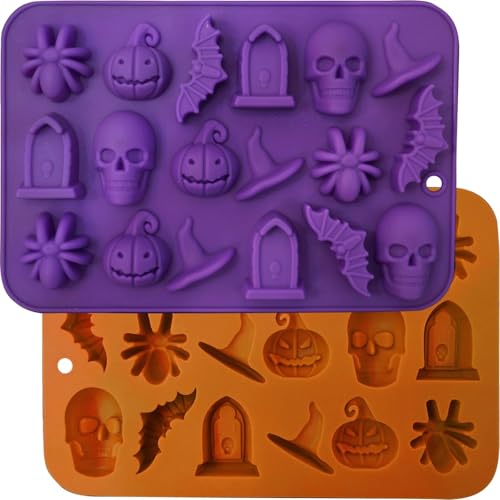Halloween Molds Silicone for Chocolate 2 Pack, 3D Halloween Chocolate Candy Gummy Mold Skull Pumpkin Bat Ghost Witch Hat Spider tombstone Shapes Mold - style: Halloween 2PCS