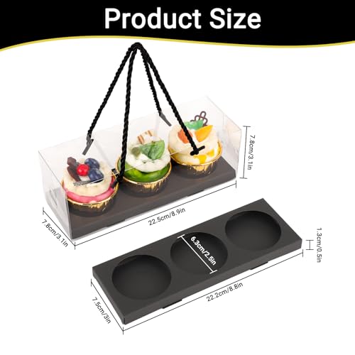 EUSOAR Clear Cupcake Boxes, 40 Pcs 9"x3"x3" Black 3 Compartments Pastry Cupcake Containers with Gift Rope Handle,Portable Dessert Muffins Holder Cookies Carrier for Birthday Wedding Party Bakery - color: Black