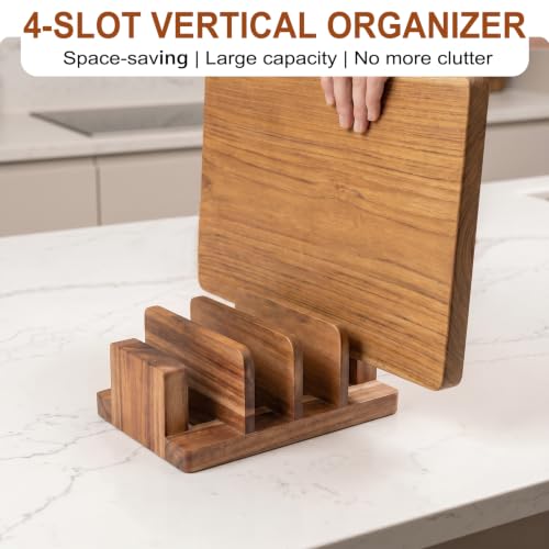 Acacia Wood Cutting Board Holder, 4-Slot Cutting Boards Organizer Storage Rack for Countertop, Wooden Stand for Cutting Boards, Pots, Pans, Lids & Trays | Ideal Housewarming Gift