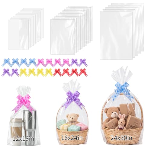 woric 3 Size Clear Cellophane Gift Bags 24x30 16x24 12x18in with Pull Bows - size: 3 Size(24x30 16x24 12x18in)