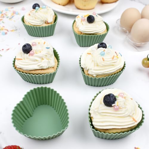 Heart Shaped Silicone Cupcake Liners, 6 Pack Reusable Non-Stick Baking Molds for Muffins, Cupcakes, Oven Safe, Dishwasher Safe (Green)