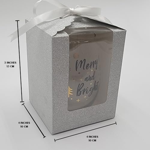 Silver Sparkling Favor Boxex-40 Ct Large 4"x4"x5" Clear Window. Includes 2 Ribbons (40 White 40 Black) Stemless Wine Glass Gift Box. Bottom Insert for Durability. Ideal for Weddings, Events, Christmas - color: Silver