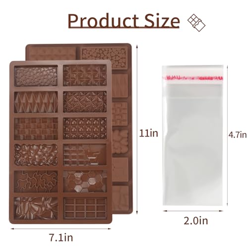 Chocolate Molds, 2Pcs Mini Silicone Chocolate Bar Mold with 100Pcs Bags, Break Apart Non-stick Small Chocolate Candy Bar Molds Wax Melt Molds for Chocolate Bar - size: 0.4Inch-Depth