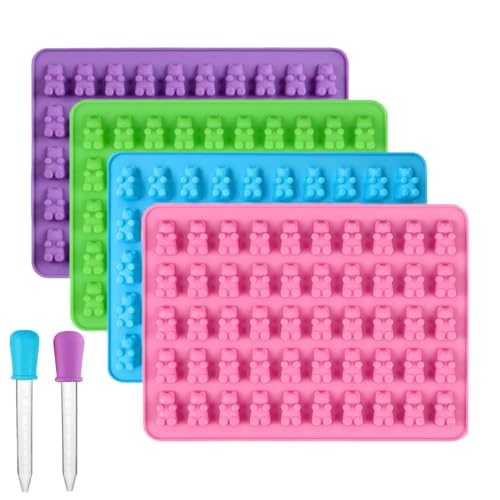 2 Piece Gummy Bear Silicone Molds, Non-Stick Chocolate Candy Mold with 2 Droppers Food Grade (Purple+Blue+Pink+Green) - color: Purple+Blue+Pink+Green