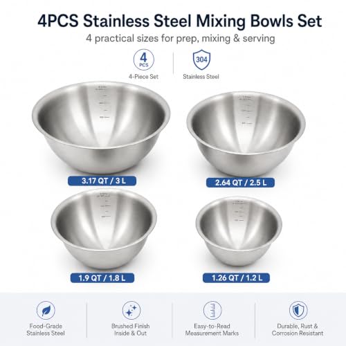 Wind Shear 4-Piece 304 Stainless Steel Mixing Bowls with Measurements