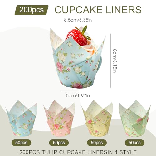 200Pcs Tulip-Shaped Cupcake Liners, 4 Colors, 3.2×2 Inches