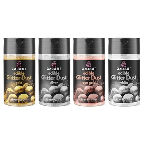 Cake Craft Edible Glitter Dust 4-Pack | 100% Edible Food-Safe Glitter for Cakes, Cupcakes, Cocktails & Desserts | Gold, Silver, Rose Gold, White - color: Gold, Silver, Rose Gold, White, size: Pack of 4