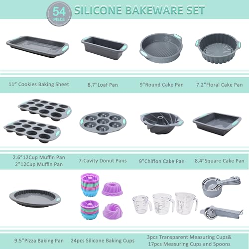 Tongjude 54 Pieces Silicone Baking Pans Set, 10 Silicone Cake Molds, Loaf Pan and Muffin Pans, Non-Stick Baking Cup, with Measuring Cups and Spoons Set, Grey - size: 54 Pcs Bakeware Sets