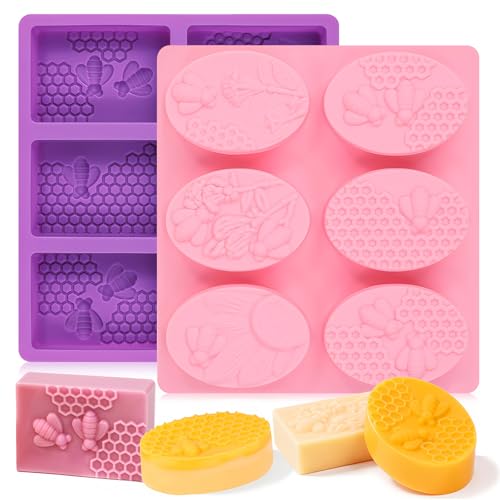 SJ 3D Bee Honeycomb Soap Mold Set, 2-Pack 6-Cavity Silicone Soap Molds - color: Pink+Purple / 3D Honeycomb