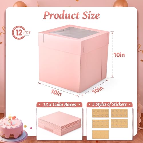 12Pcs Cake Boxes, 10x10x10 Inches Tall Cake Boxes with Window, Pink - color: Pink, size: 10x10x10inch