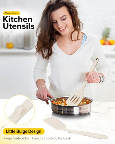 BUNDLEPRO Silicone Spatula, Solid & Slotted Turner, One-Piece, 2 Pack,Khaki - color: Khaki