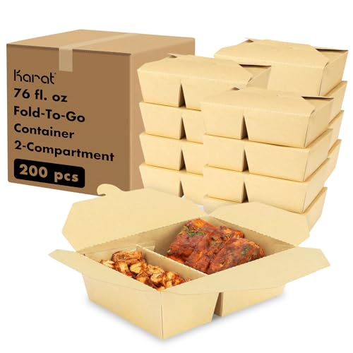 Karat Paper To Go Food Container [76 oz - 200 ct], 2-Compartment Leak-Resistant, Microwavable, Heavy-Duty Take Out Boxes | Grease Resistant & Stackable | #3 Kraft - color: Kraft, size: 76 - 2C