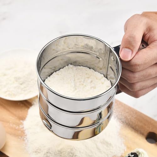 Flour Sifter Stainless Steel 3 Double Layer Fine Mesh Sifter Flour Strainer 3 in1 Sifters for Baking, Powdered Sugar Shaker Duster for Baking Cakes, Pastries, Pies, Cupcakes - size: 3 in1