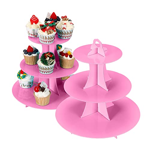 YLDW Cupcake Stand, 3-Tier Cupcake Stand Display, Cardboard Cup Cake Tower Stand, Disposable Dessert Stand for Birthday Tea Party Baby Shower Treat Decorations, Pink - color: Pink