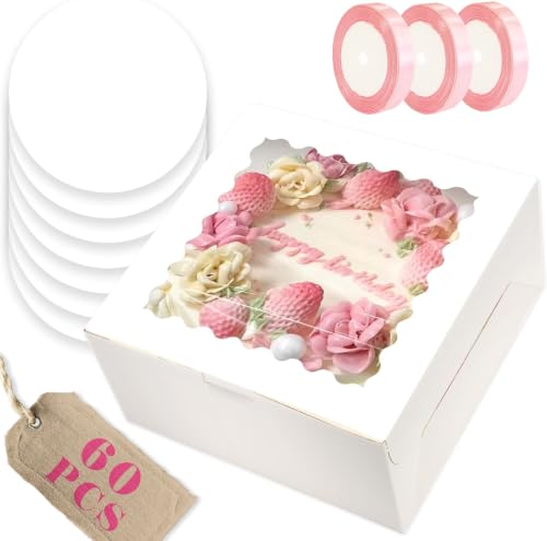 qiqee 10"x10"x5" Cake Box, 60 Sets White Cake Box with Window ＆ 60 Sets 10" White Cake Round Boards, for Cake, Treat Cookie Dessert, Pastry, Birthday Party, Weddings, 3 rolls of pink ribbons - color: White, size: 10"x10"x5", 60Pcs