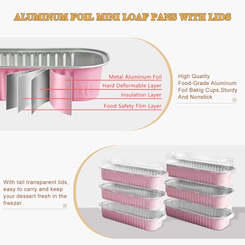 50 Pack Mini Cake Pans with Lids and Spoons, Mini Loaf Baking Pans 6.8oz, Small Disposable Aluminum Foil Loaf Pans, Rectangular Baking Containers for Party and Picnics, Cheesecake Pans (Pink) - color: Pink